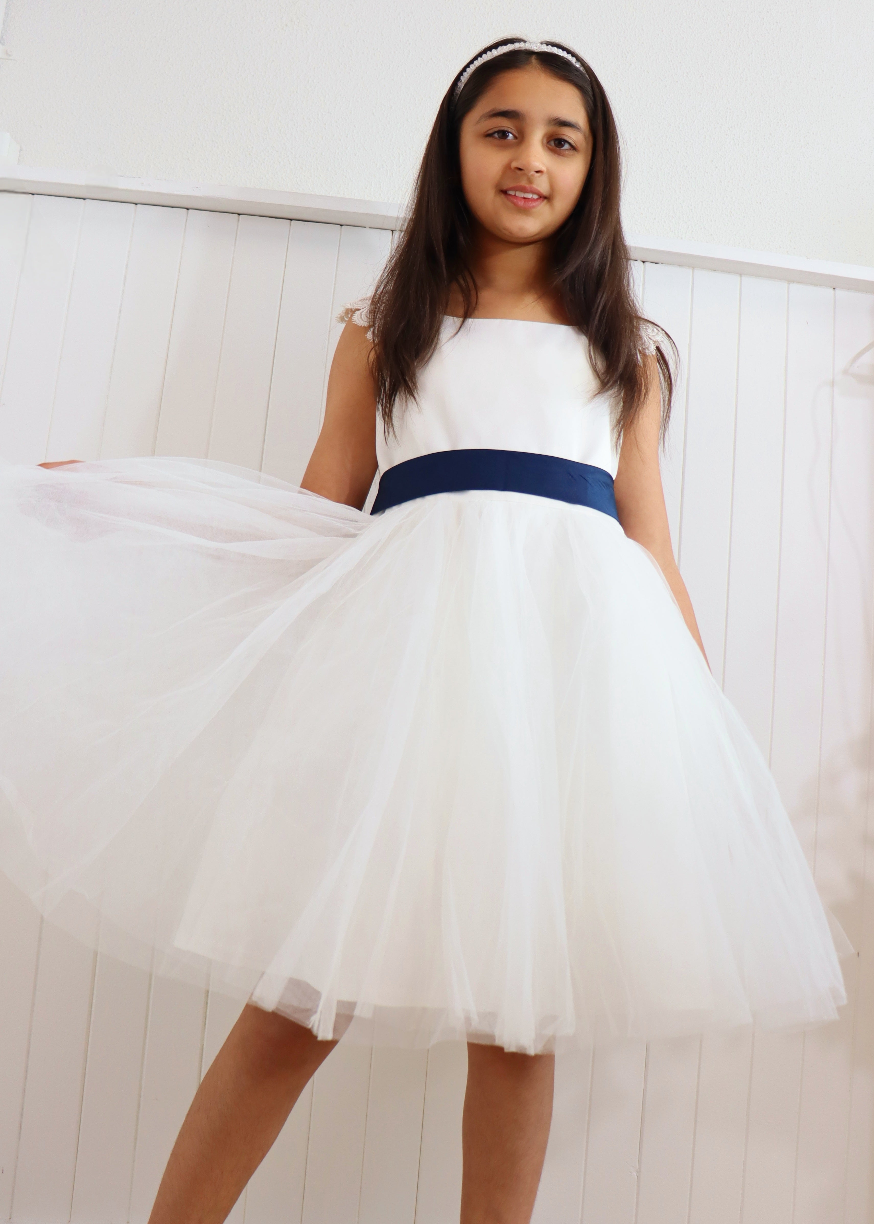 Ivory Dress With Navy Belt