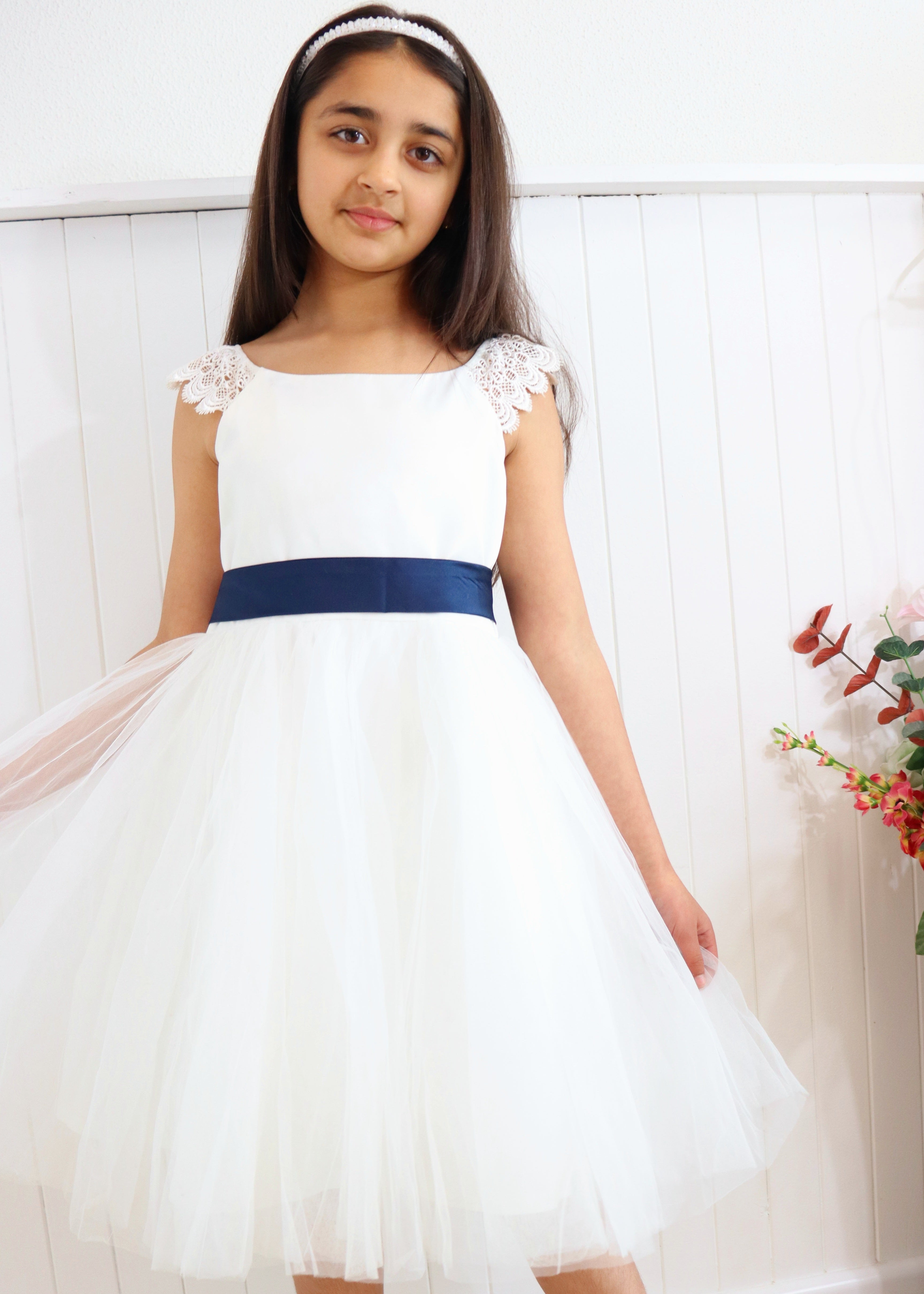 Ivory Dress With Navy Belt