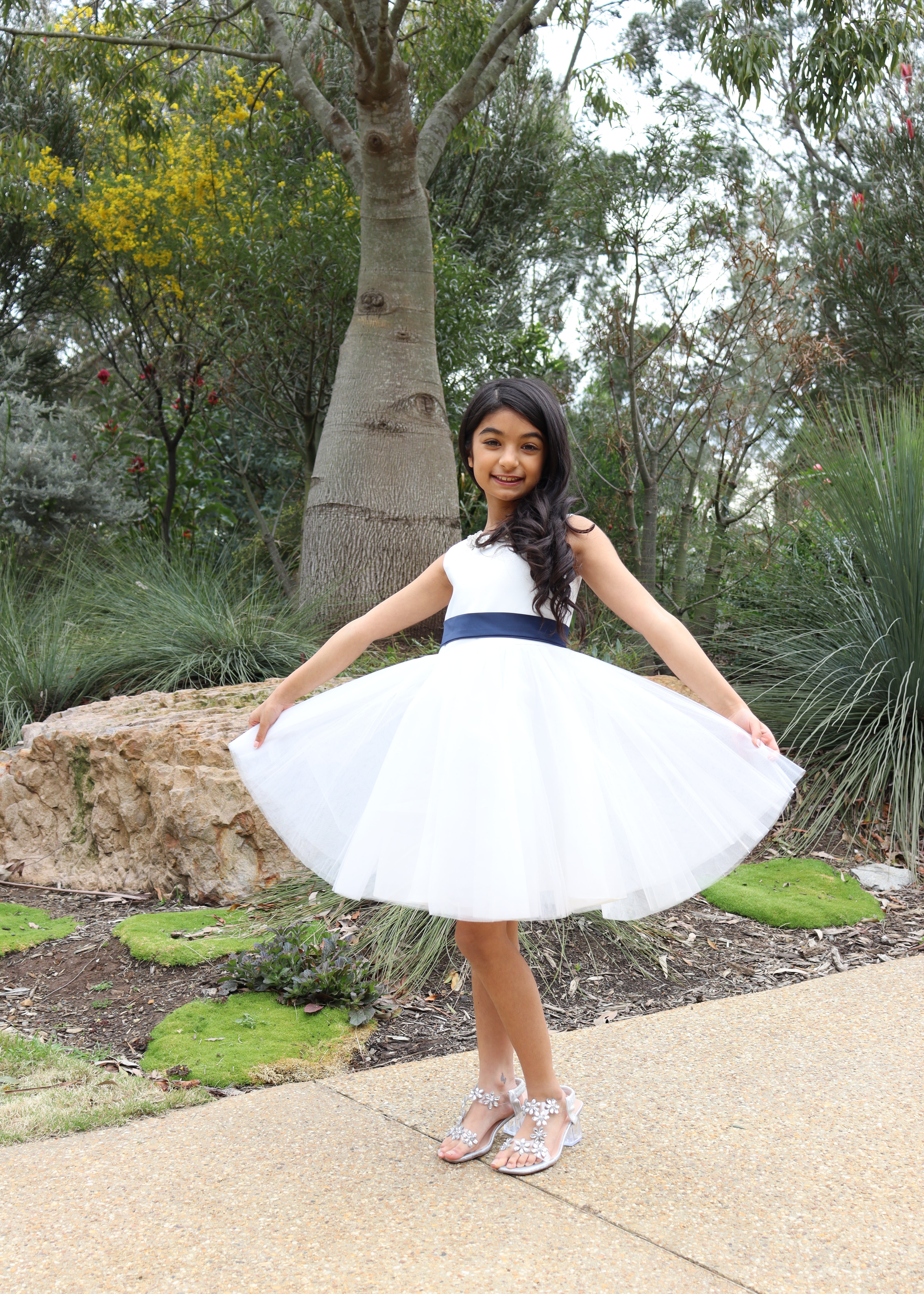 Short Flower Girl Dress With Navy Belt