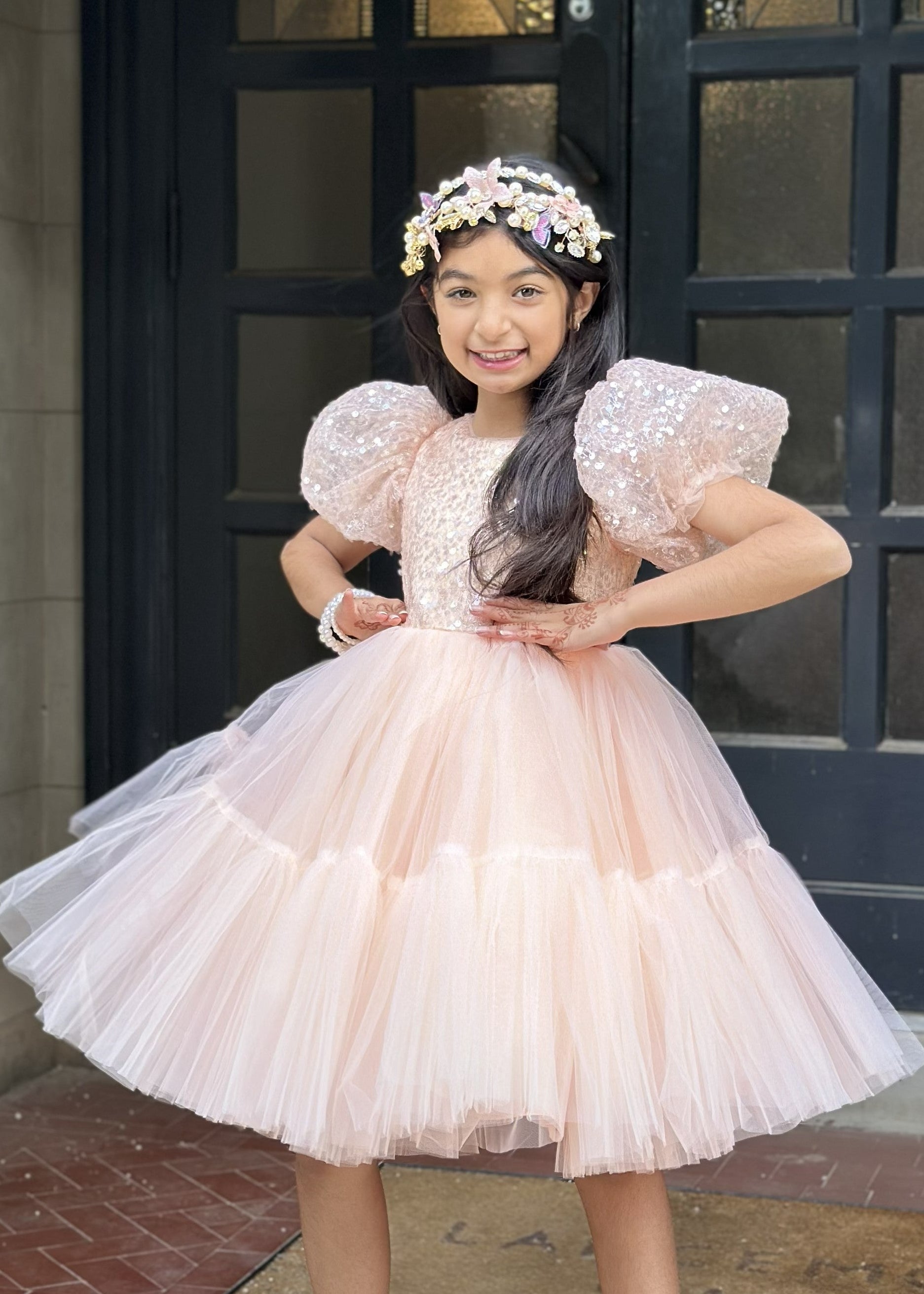 Puffy Sleeves Flower Girl Short Dress - Peach Dress