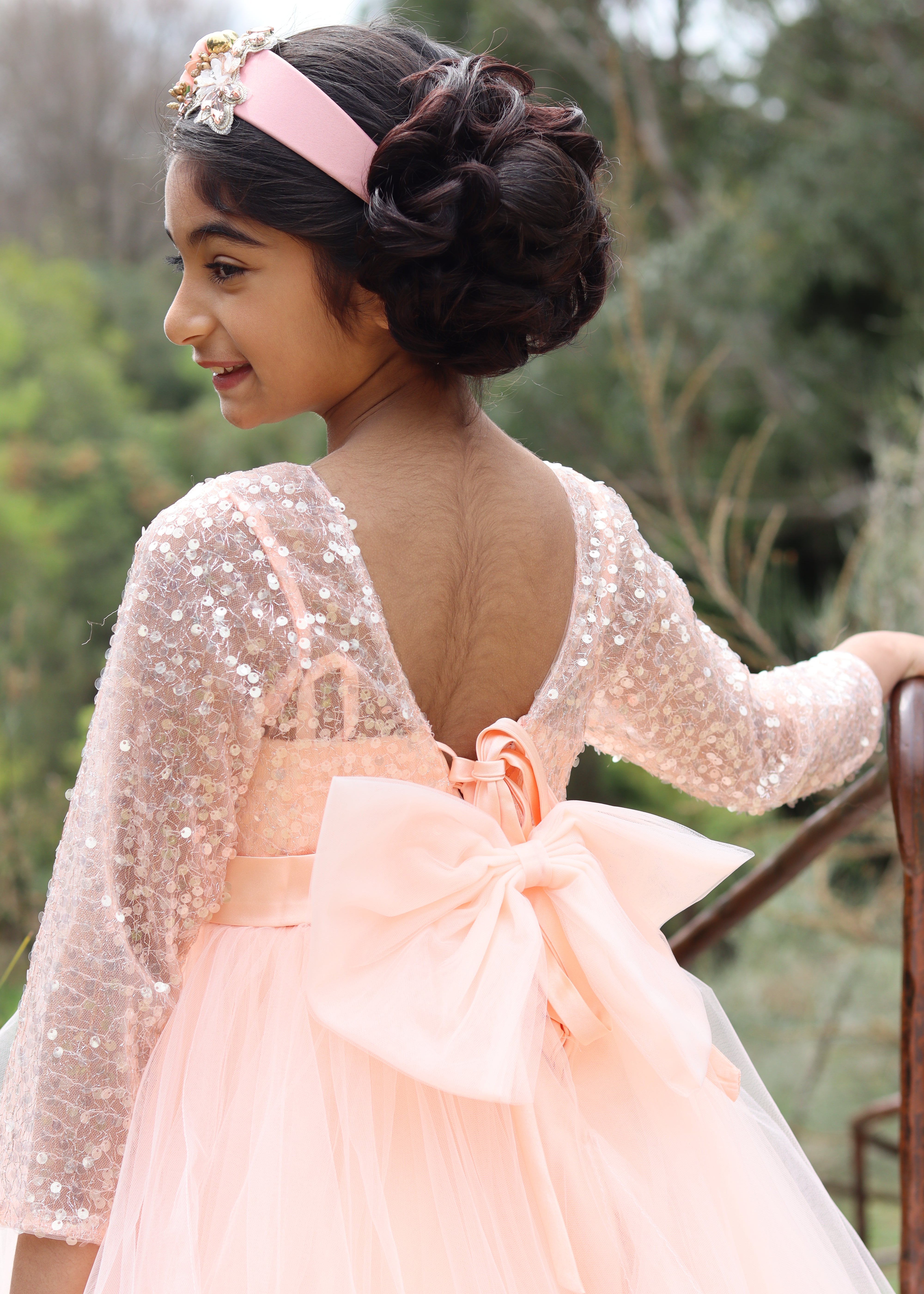 Girls Full Sleeve Flower Girl Dress - Peach Gown