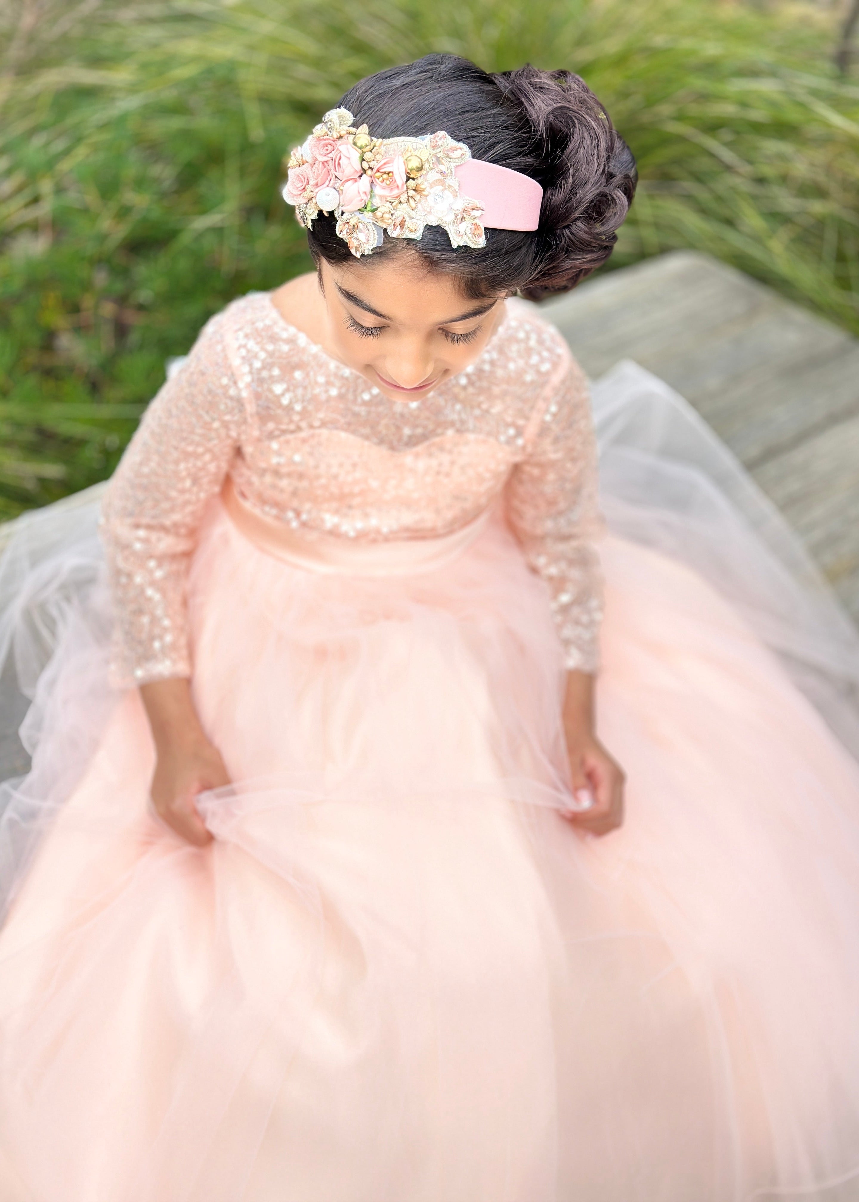 Girls Full Sleeve Flower Girl Dress - Peach Gown