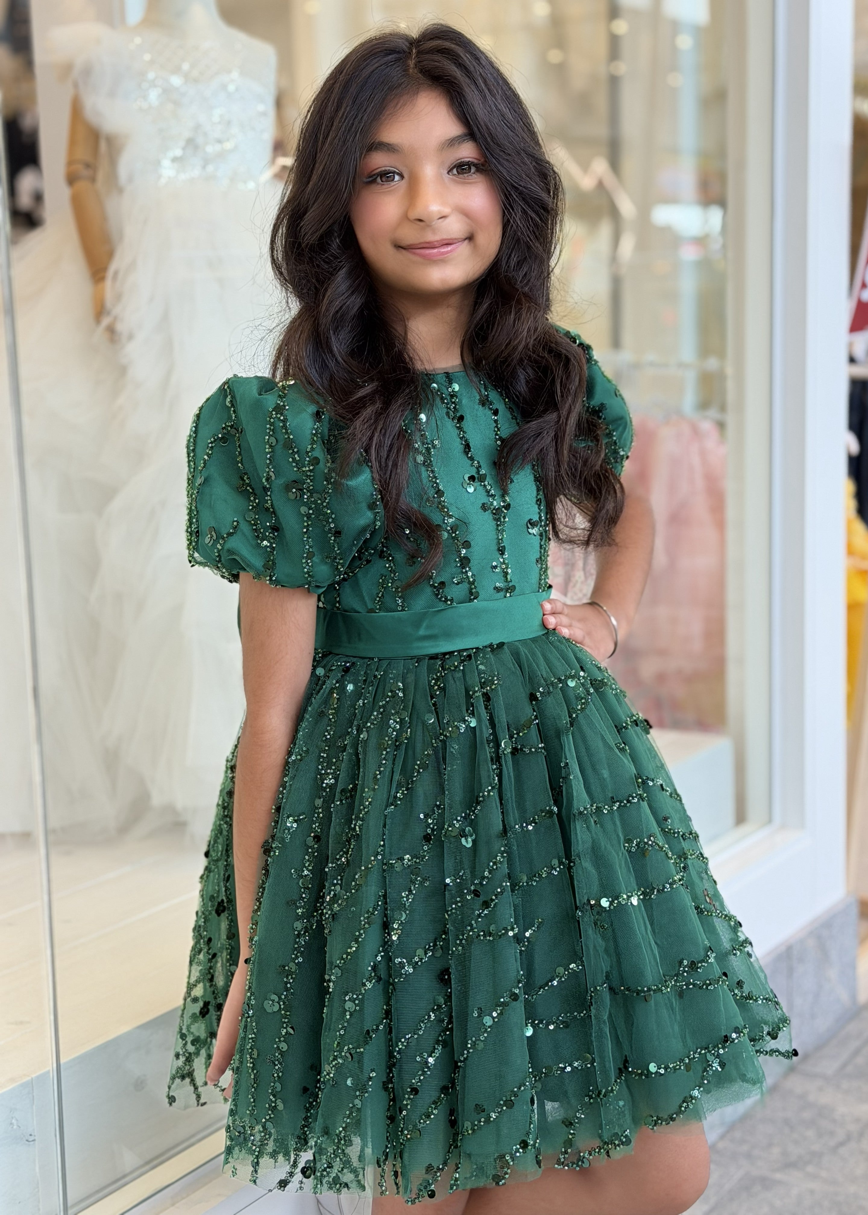 Girls Crystal Beaded Emerald Green Dress
