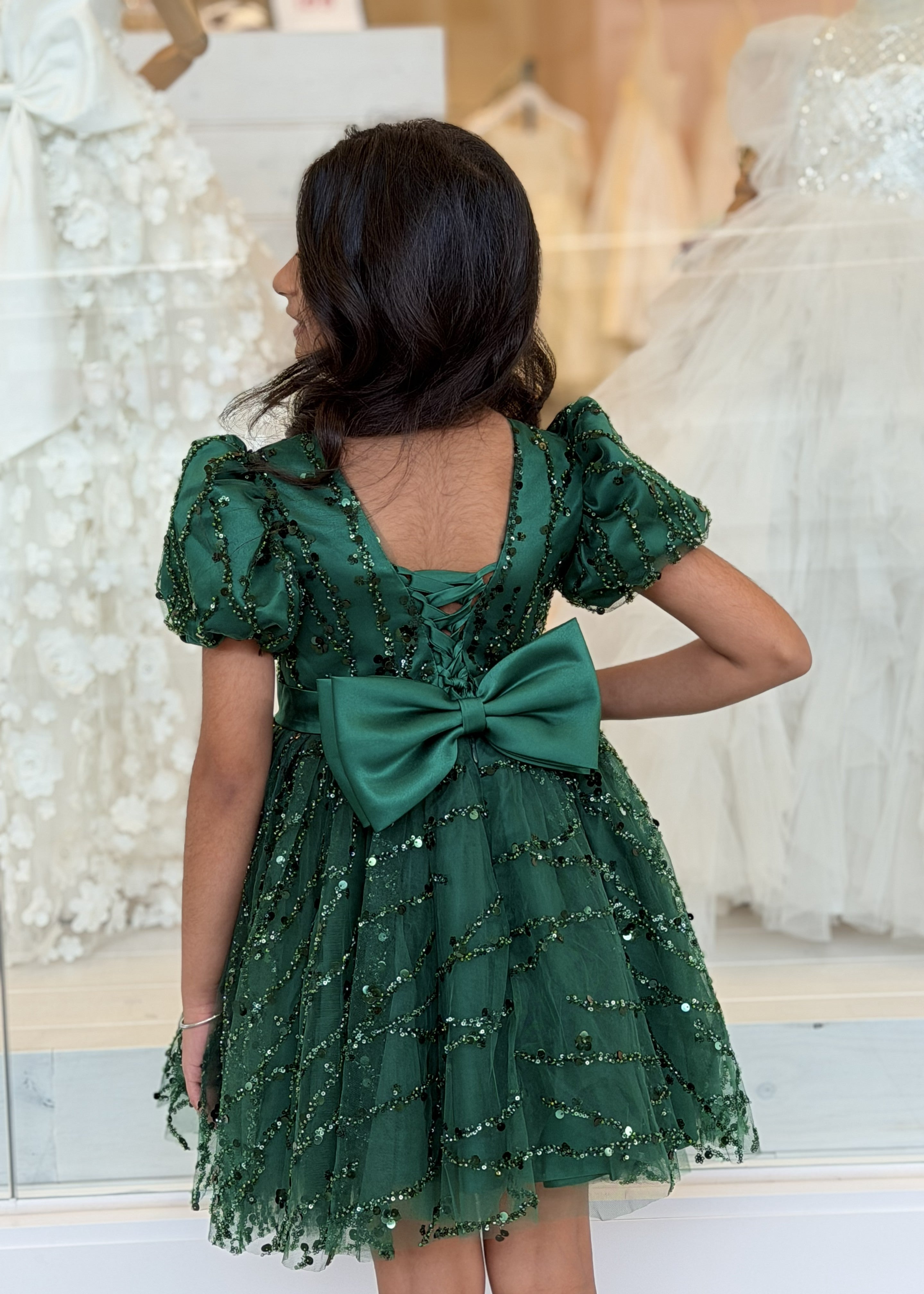 Girls Crystal Beaded Emerald Green Dress