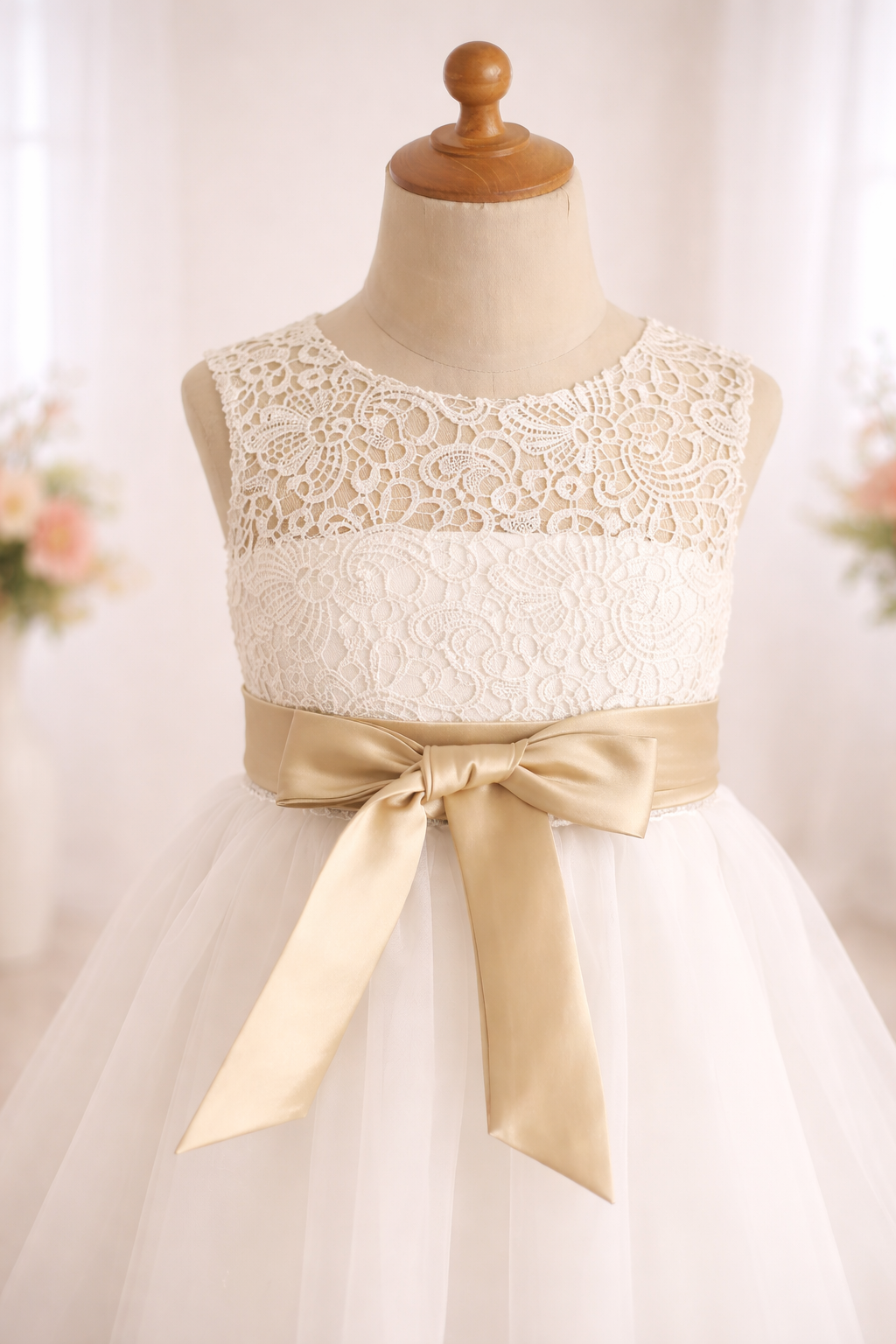 Ivory Lace Tulle Flower Girl Dress - Keyhole Back