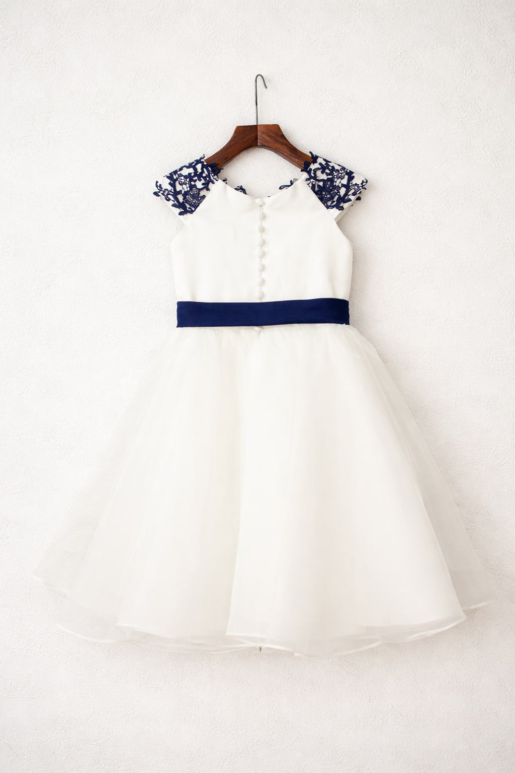 Organza Flower Girl Dress - Ivory With Navy Lace