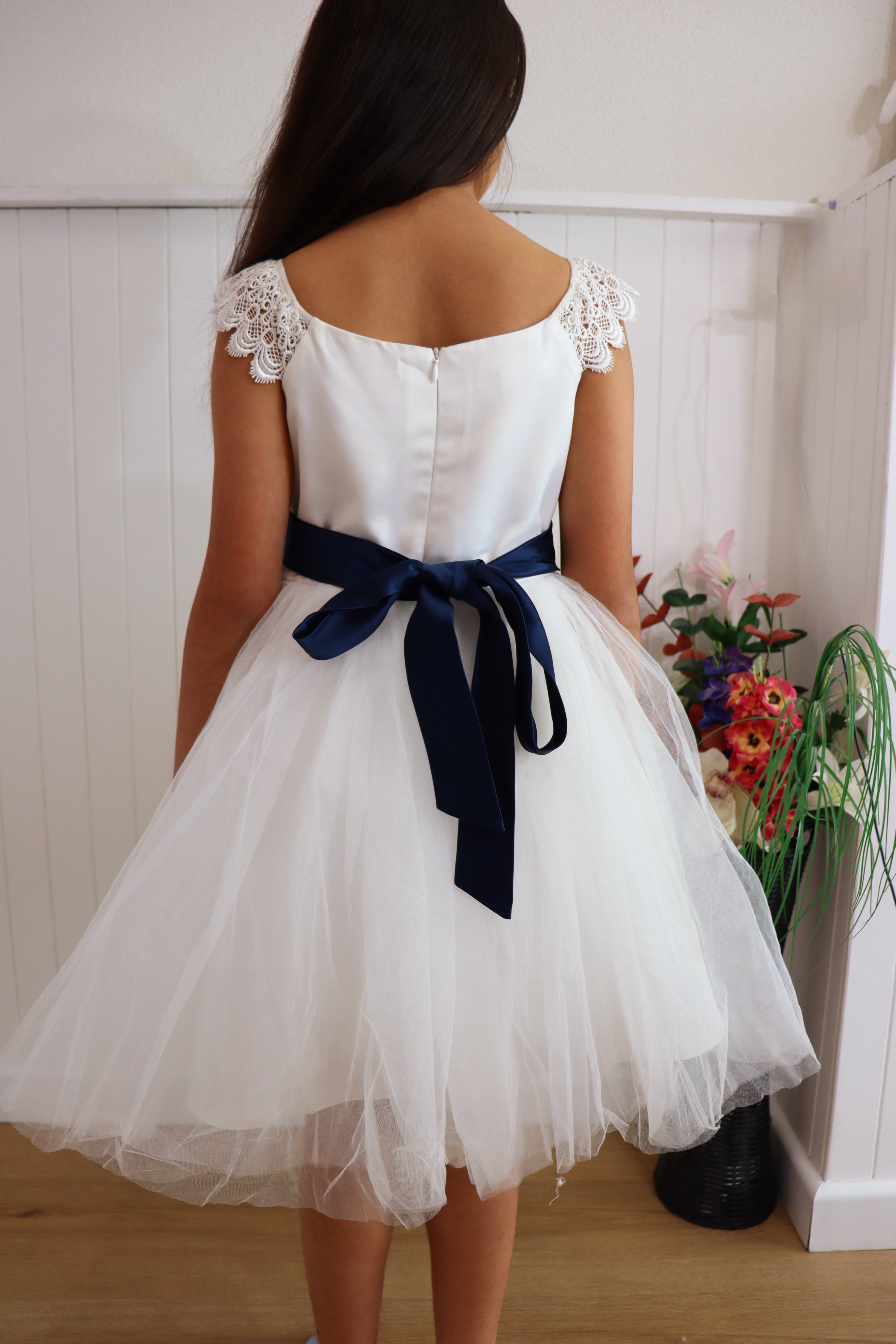 Ivory Dress with navy Belt Flower girl dress