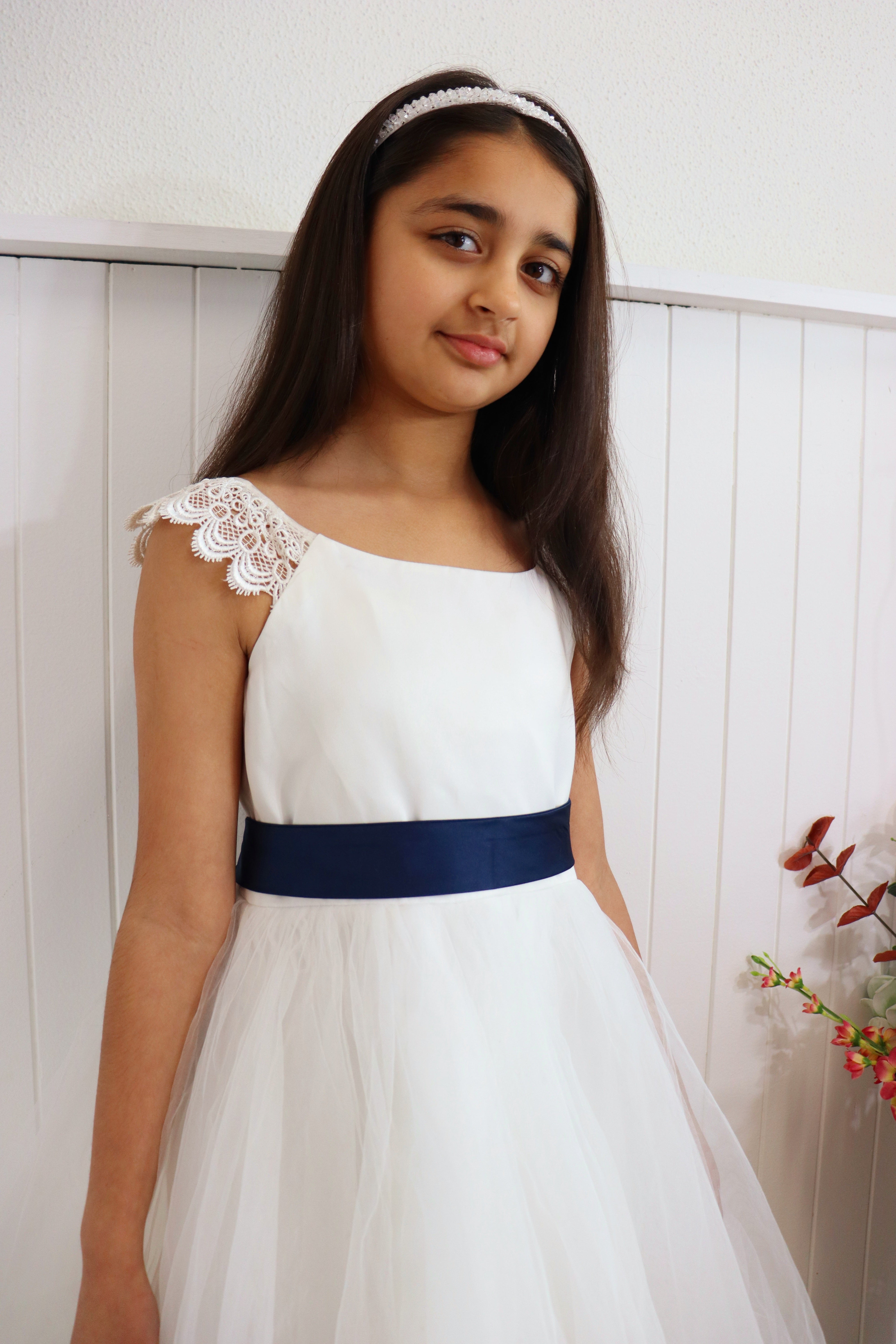 Ivory Dress with navy Belt Flower girl dress