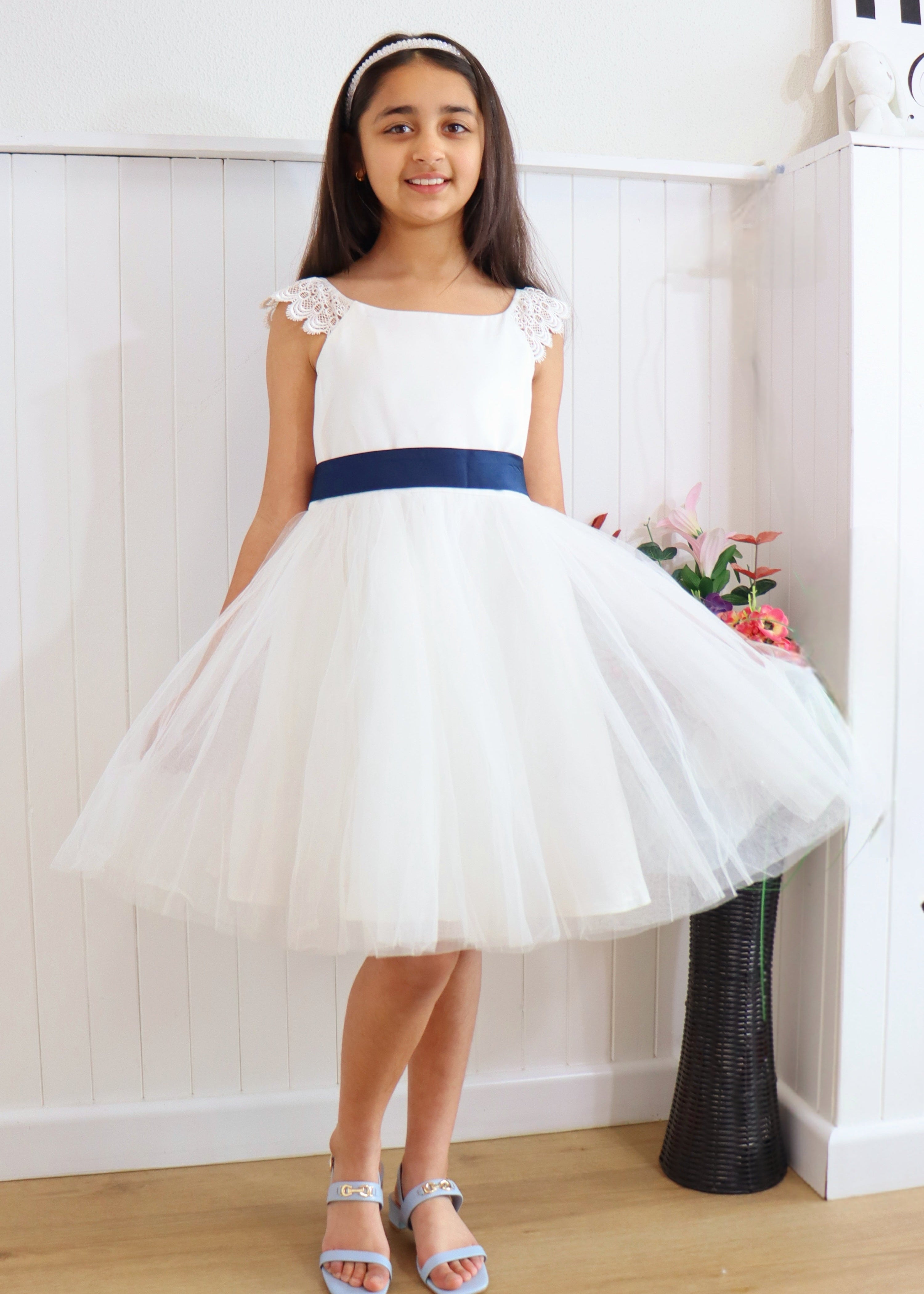 Ivory Dress with navy Belt Flower girl dress