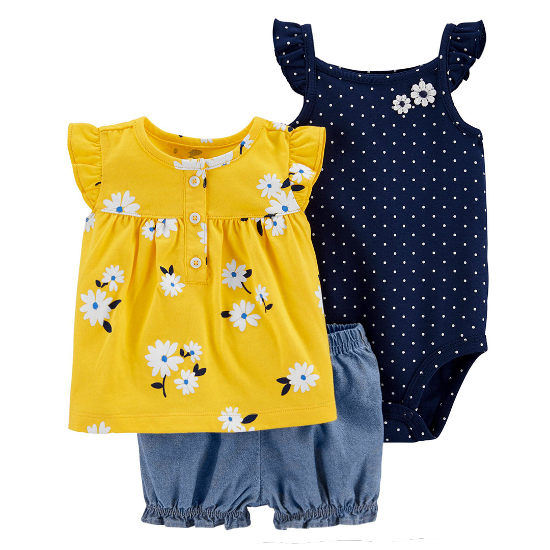 High Quality 100% Cotton Girls Beautiful 3pcs Shorts Set - Yellow and Blue