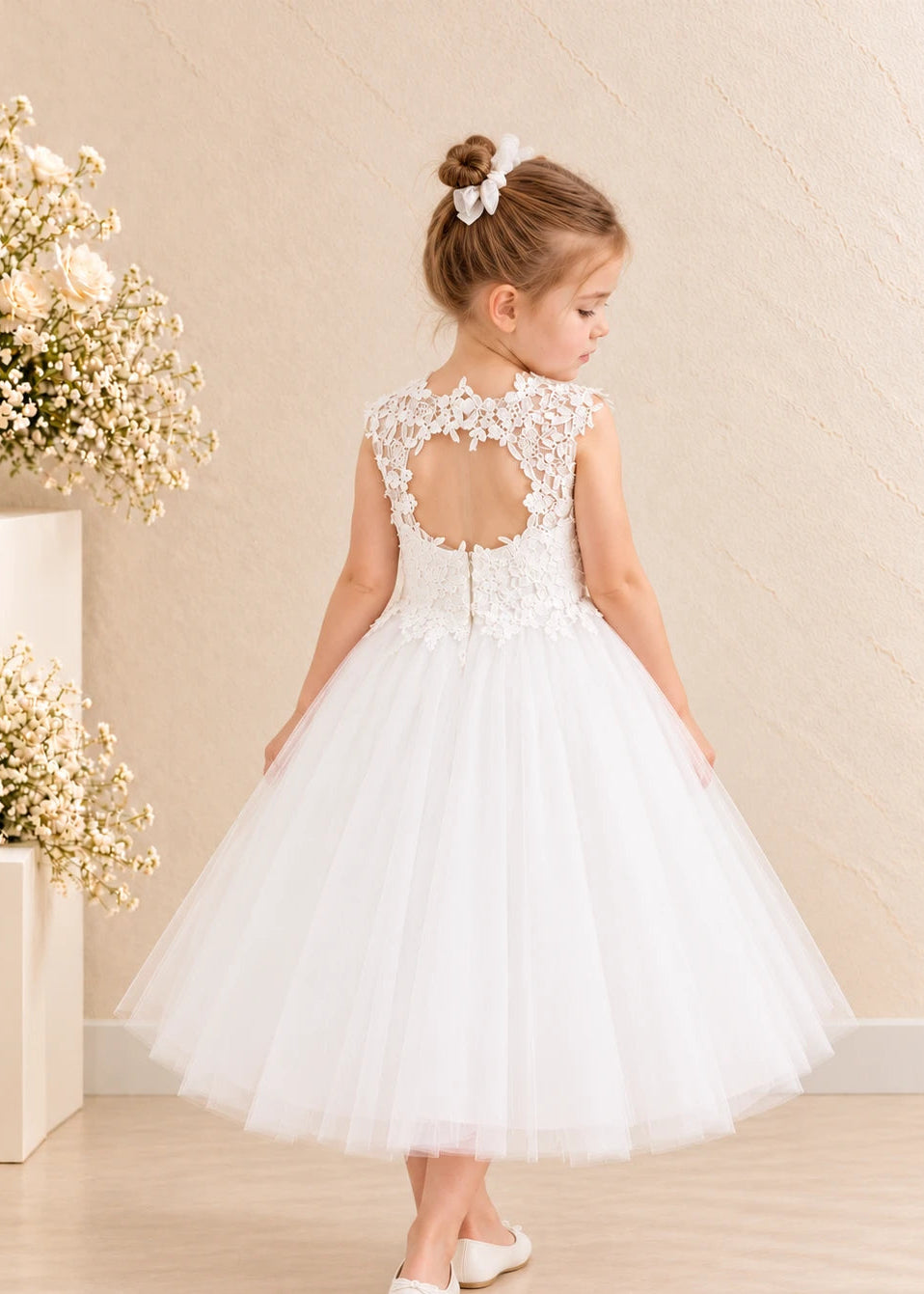 Lace Tulle Flower Girl Dress - Keyhole Back