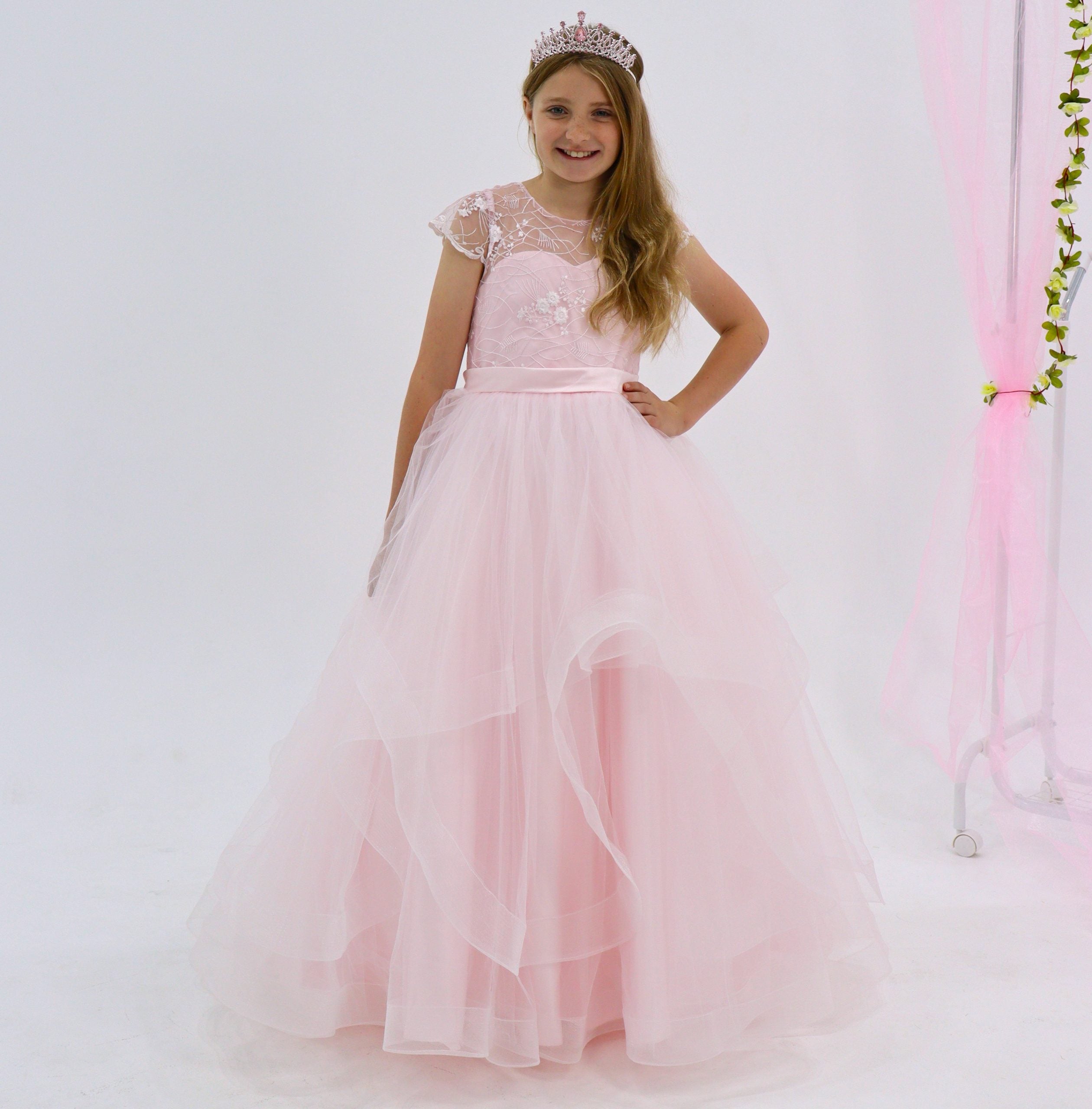 Luxury Handmade Lexi Pink Flower Girl Dress Cap Sleeves