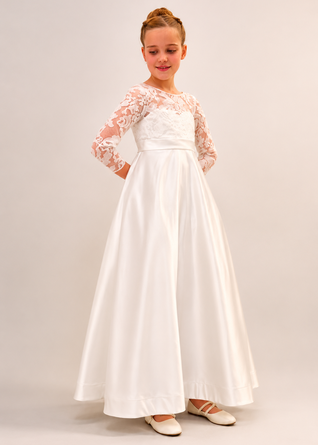 Long Sleeve Holy Communion Dress - Lace Satin Dress