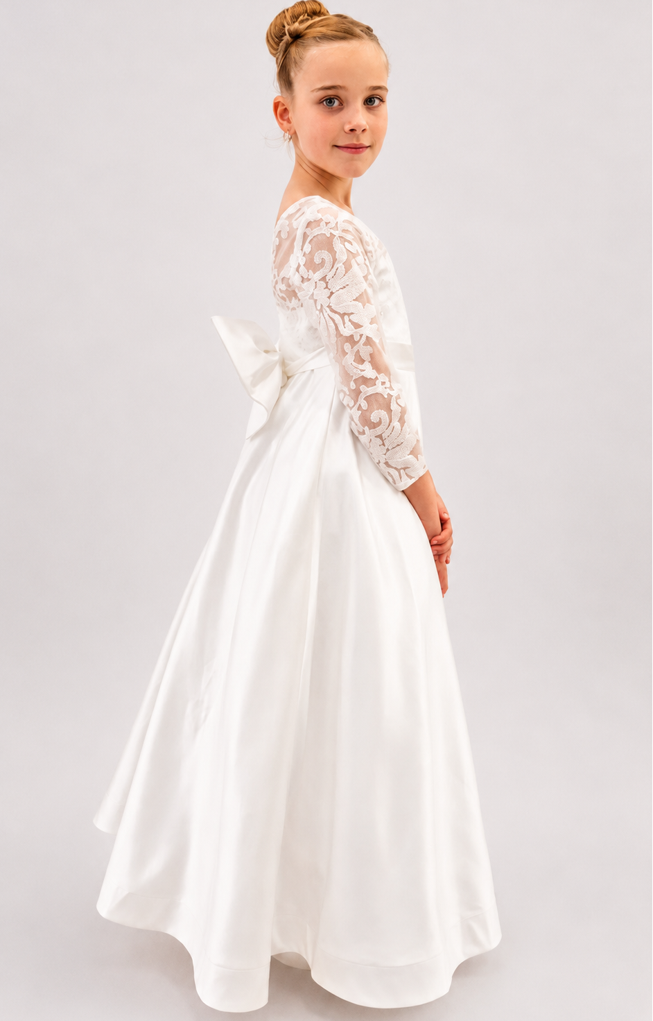 Long Sleeve Holy Communion Dress - Lace Satin Dress