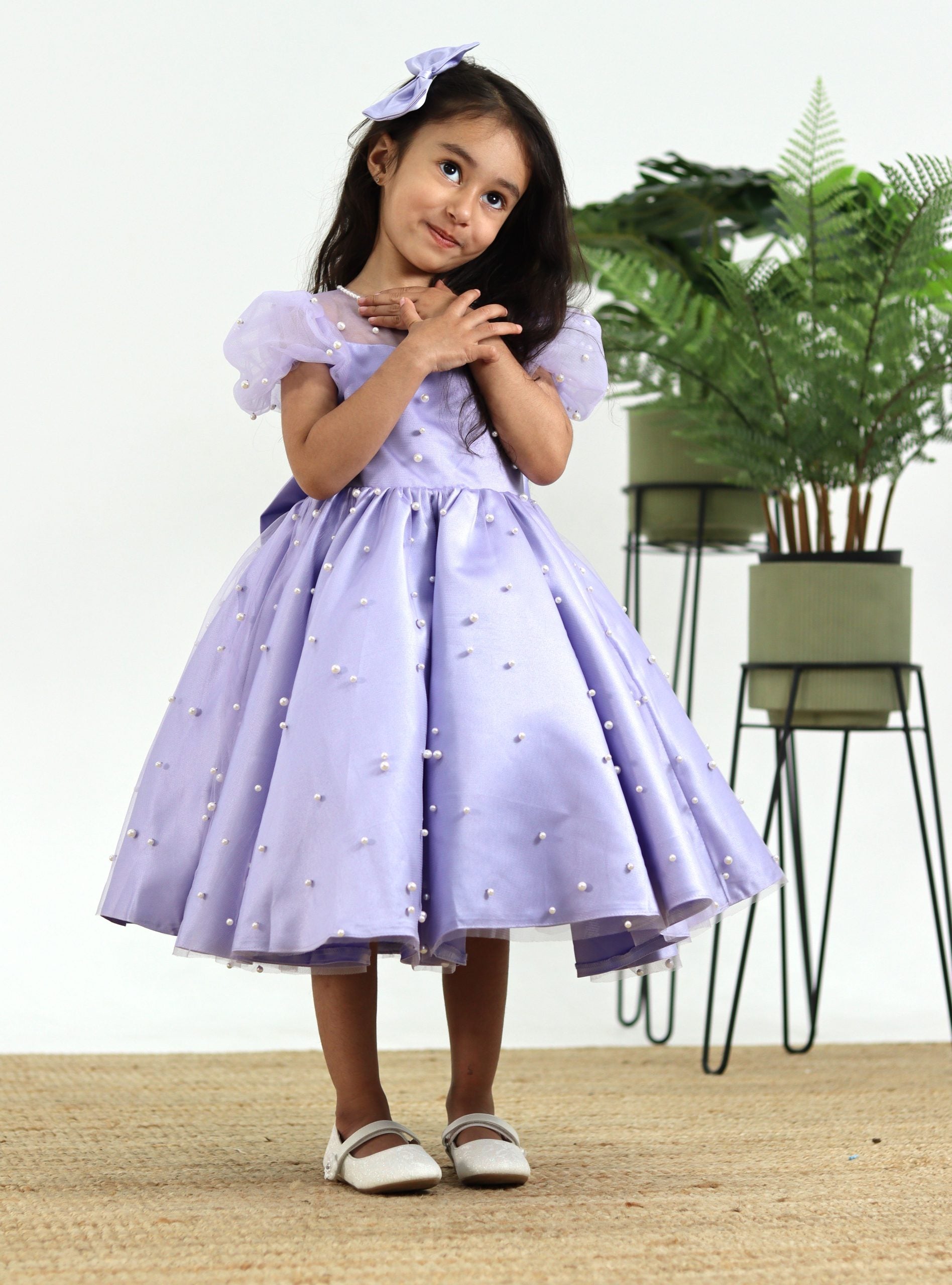 Lilac Puffy Sleeves Pearly Dress