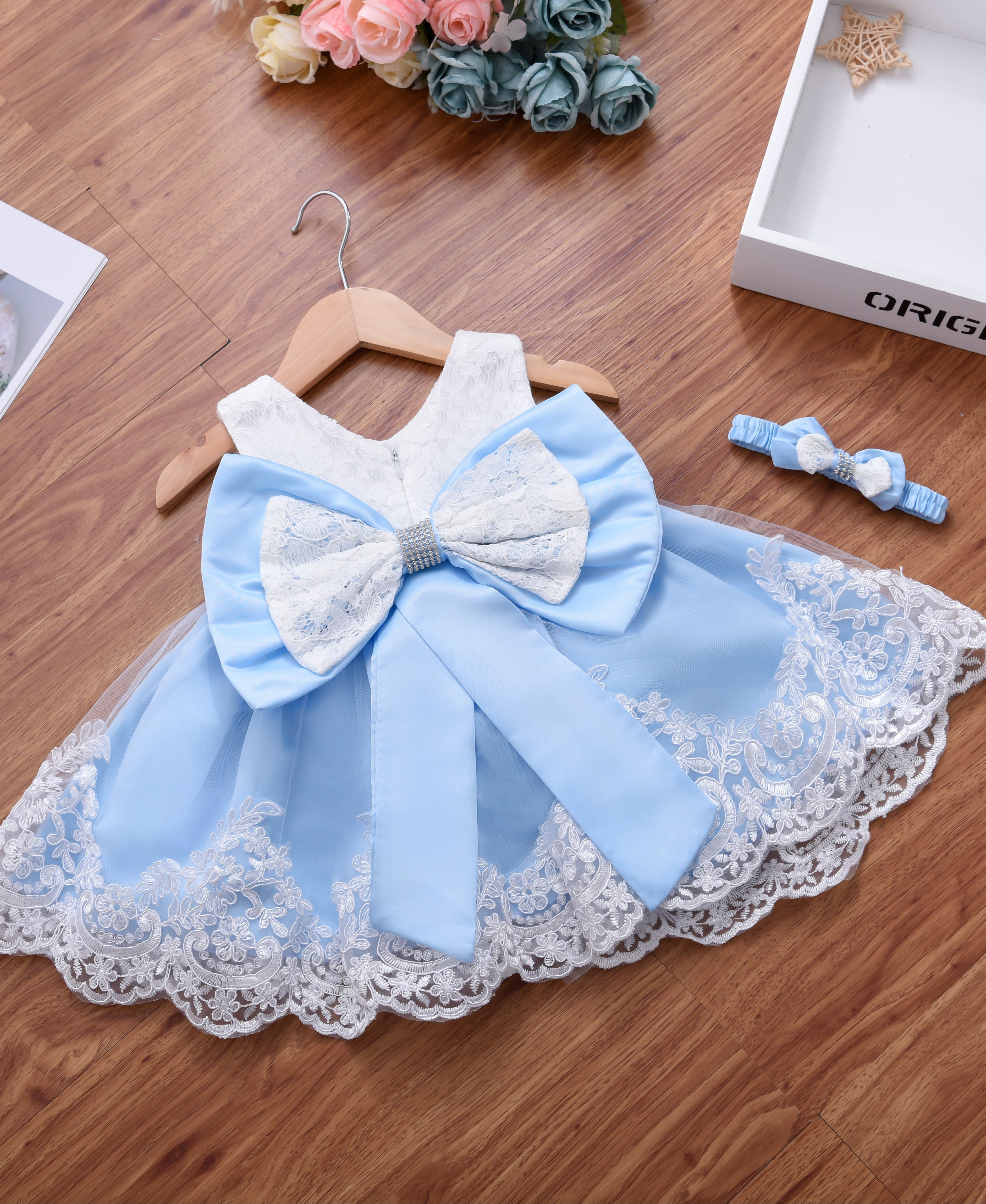 Baby Girl Lace Dress With Headpiece - Blue Dress