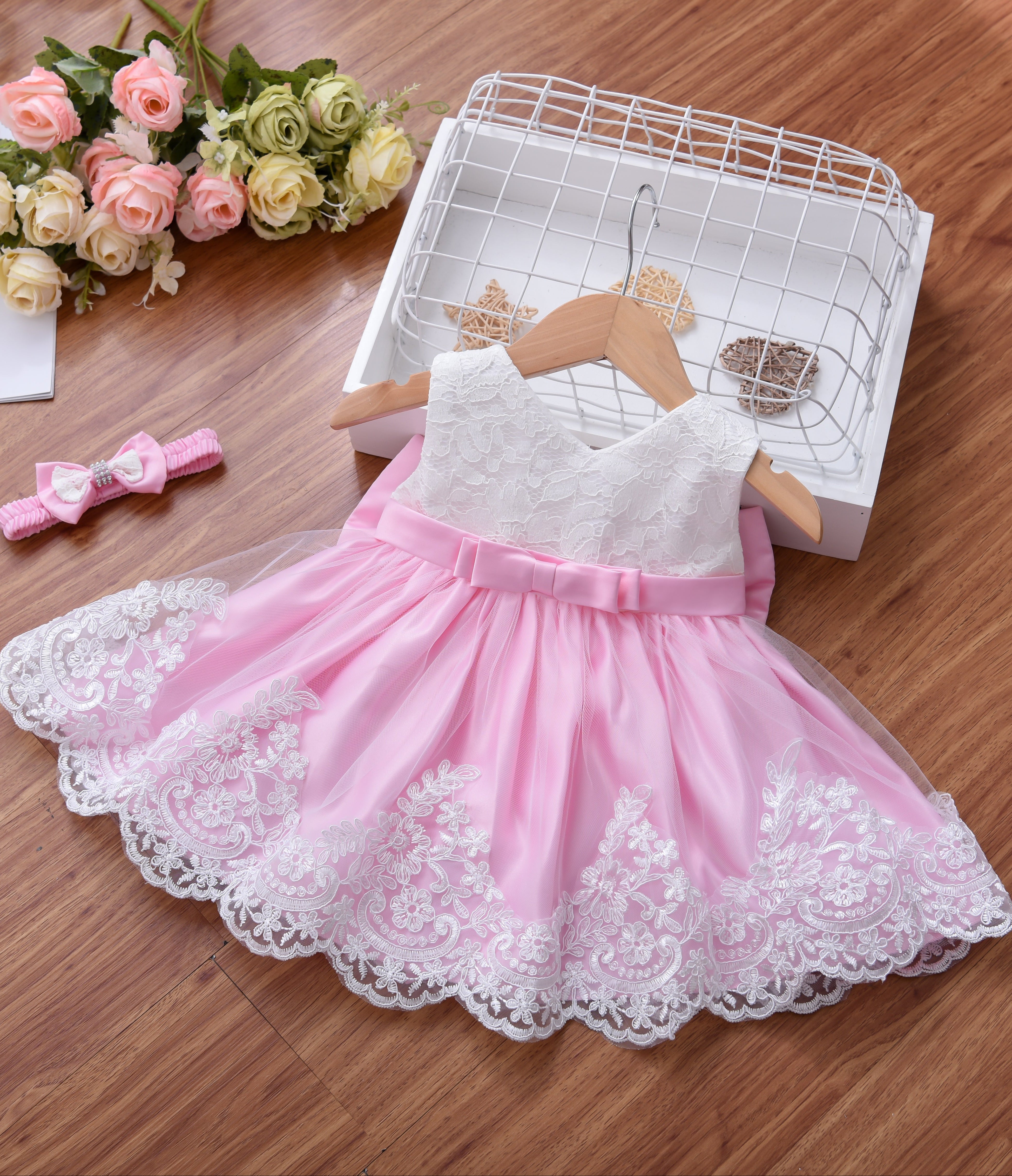 Baby Girl Lace Dress With Headpiece - Pink Dress