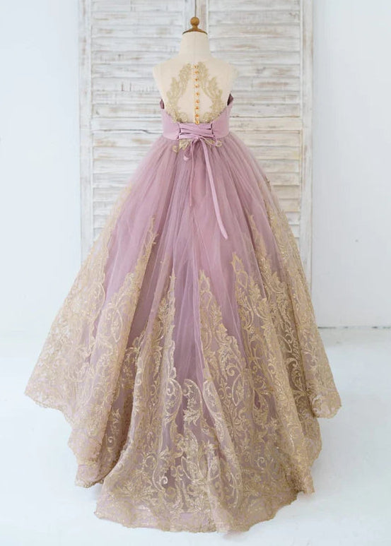 Mauve Tulle Gold Lace Sheer Back Kids Pageant Gown