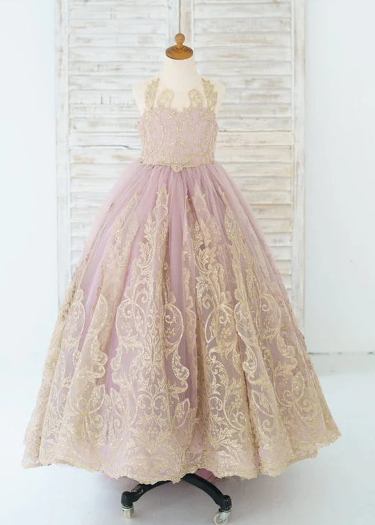 Mauve Tulle Gold Lace Sheer Back Kids Pageant Gown
