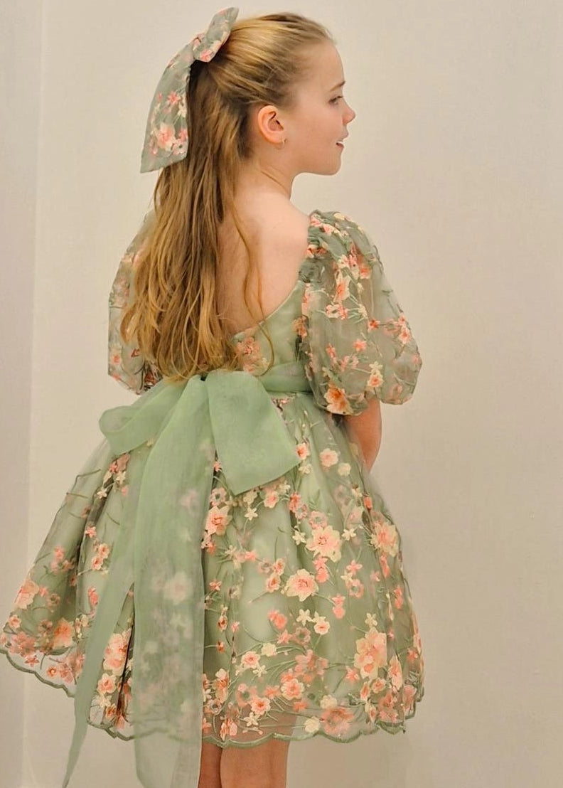 Mint Green Floral Lace Dress for Girls