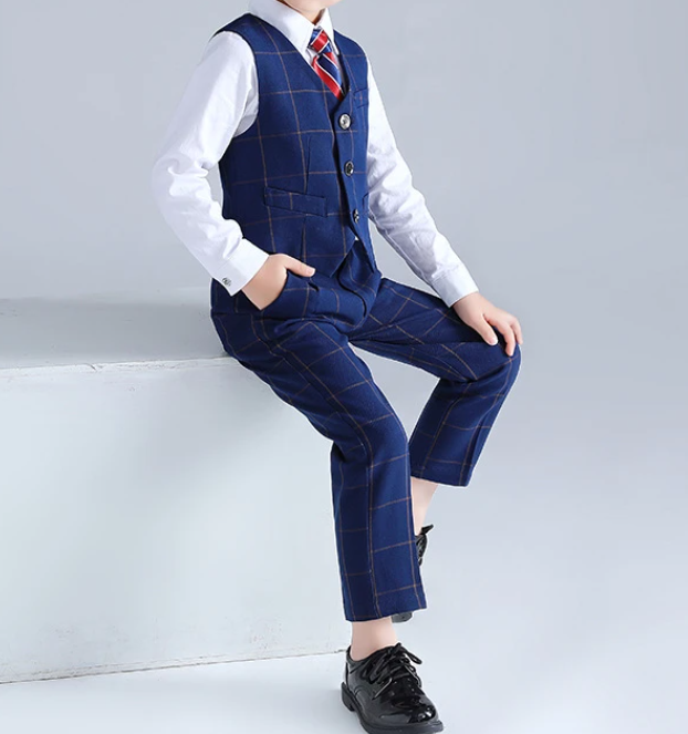 Boys Formal Navy Tweed Check Vest Suit 4pc Set