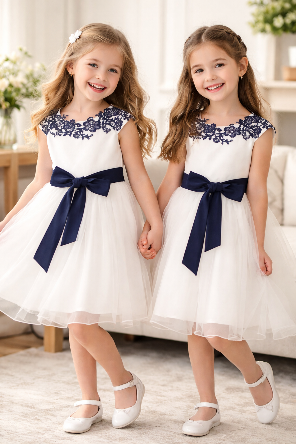 Organza Flower Girl Dress - Ivory With Navy Lace