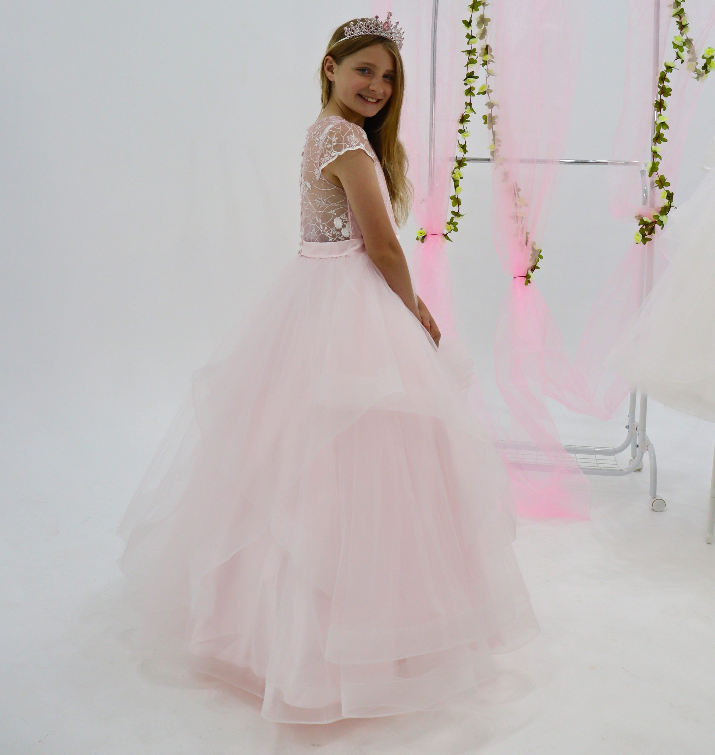 Luxury Handmade Lexi Pink Flower Girl Dress Cap Sleeves