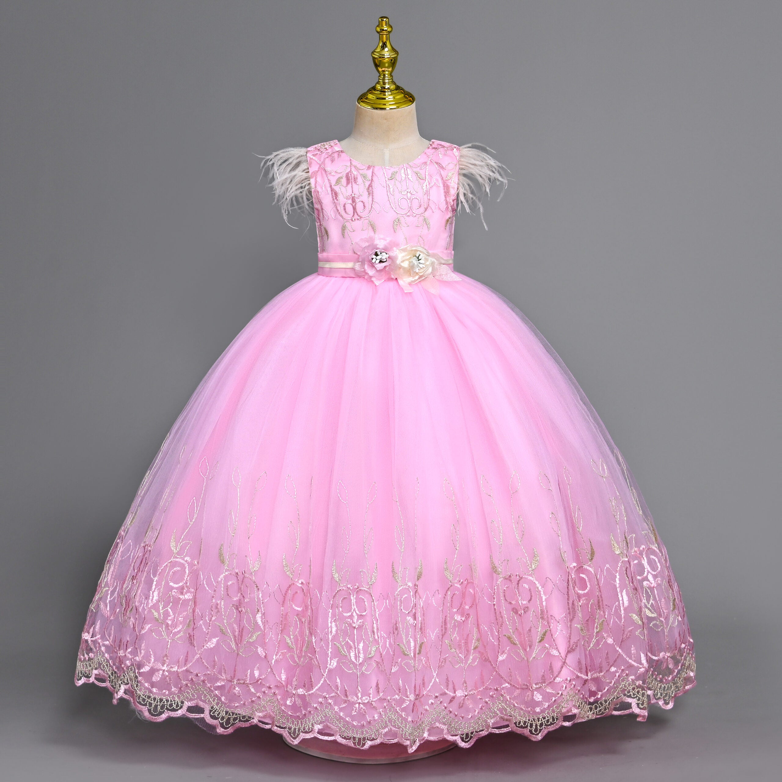 Girls Pink Gown With Embroidered Tulle