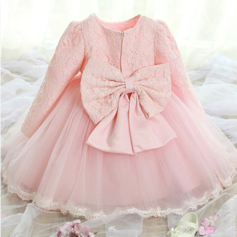 Kids Girls Lace Dress Embroidered Long Sleeve Bow Ruffle Wedding Party  Princess