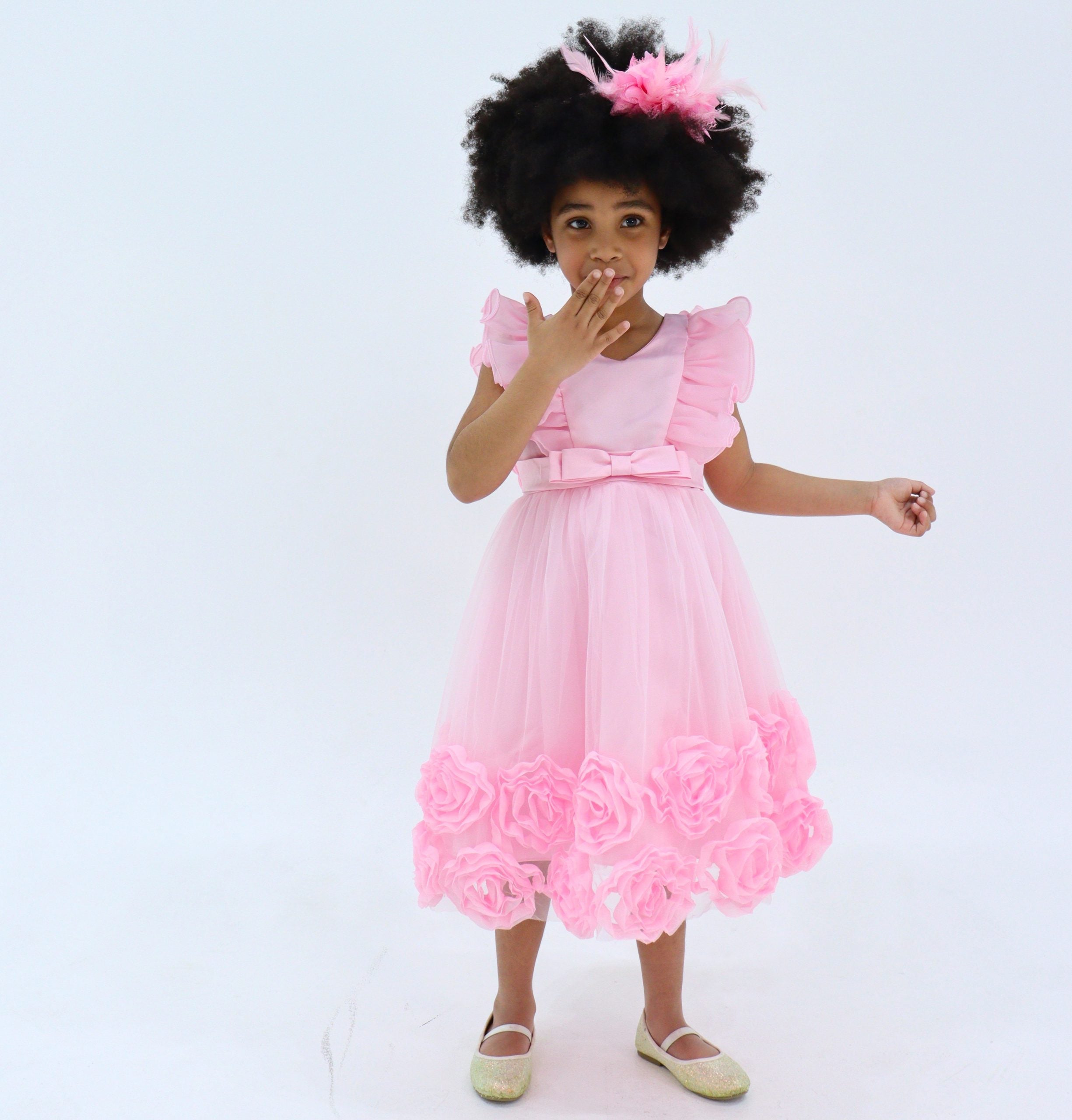 Girls Pink Dress- 3D Roses