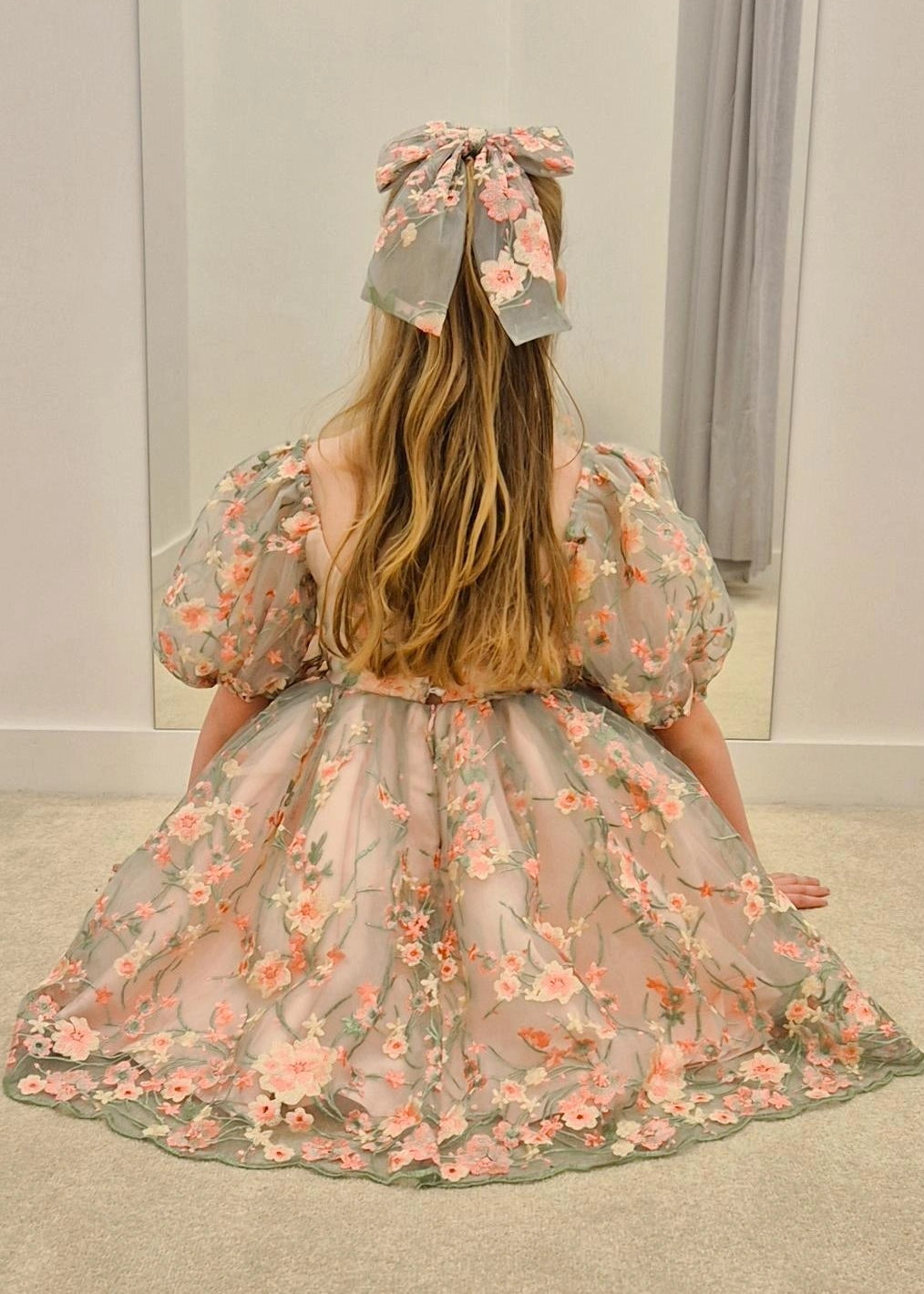 Pink Green Floral Lace Dress for Girls