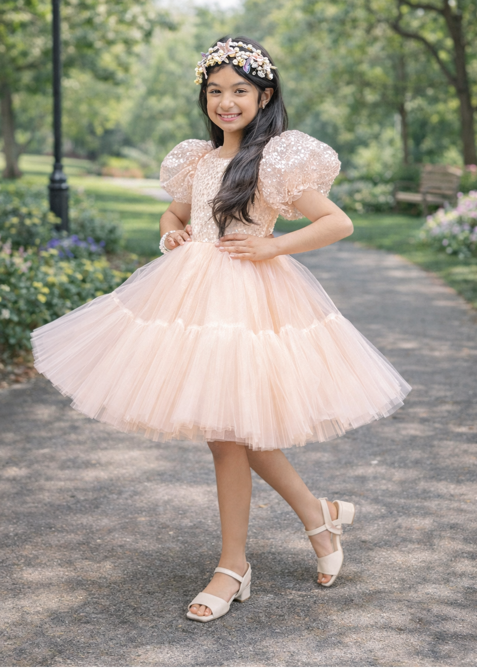 pink puffy dress short Puffy Sleeves Flower Girl Dress
