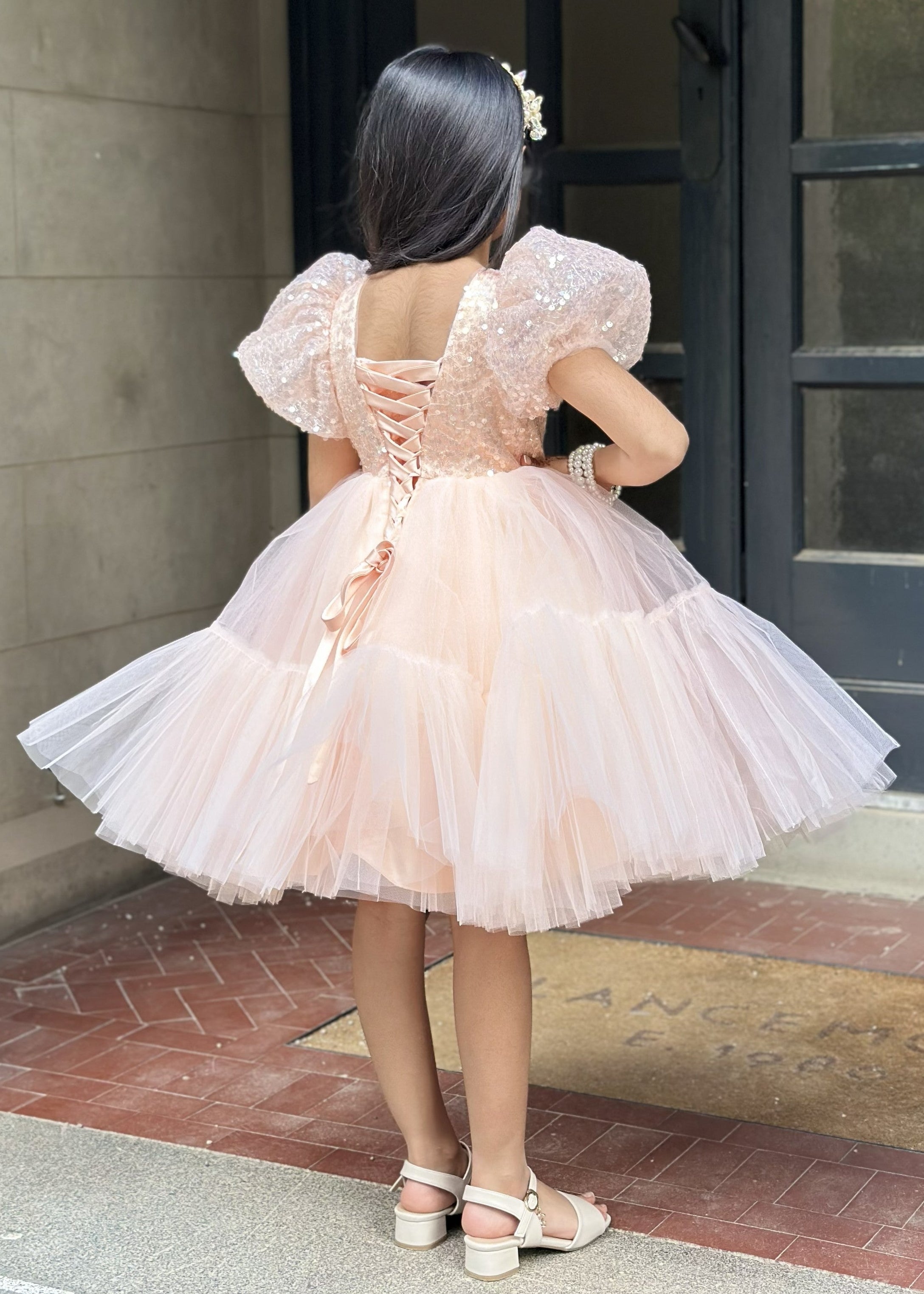 Puffy Sleeves Flower Girl Short Dress - Peach Dress