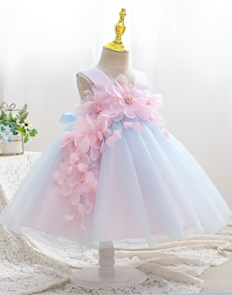 Little Girls Blue Dress With Big Flowers