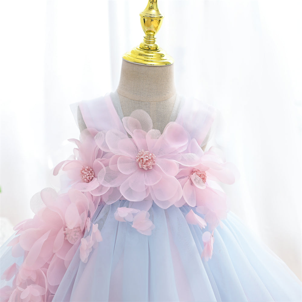 Little Girls Blue Dress With Big Flowers