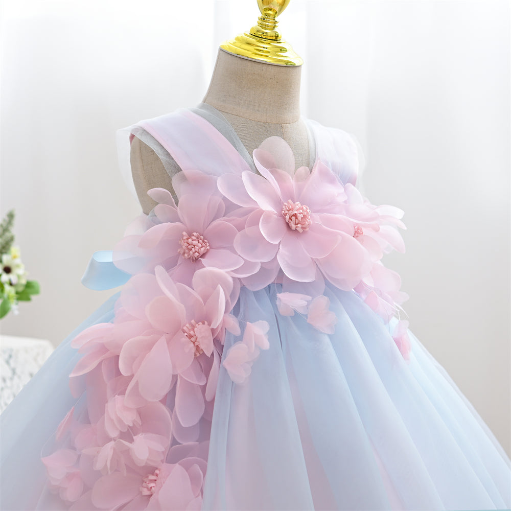 Little Girls Blue Dress With Big Flowers