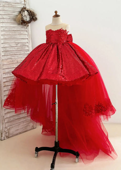 Pageant Dress Made To Order - Red Sequin Hi-Low Lace Tulle Detachable Train