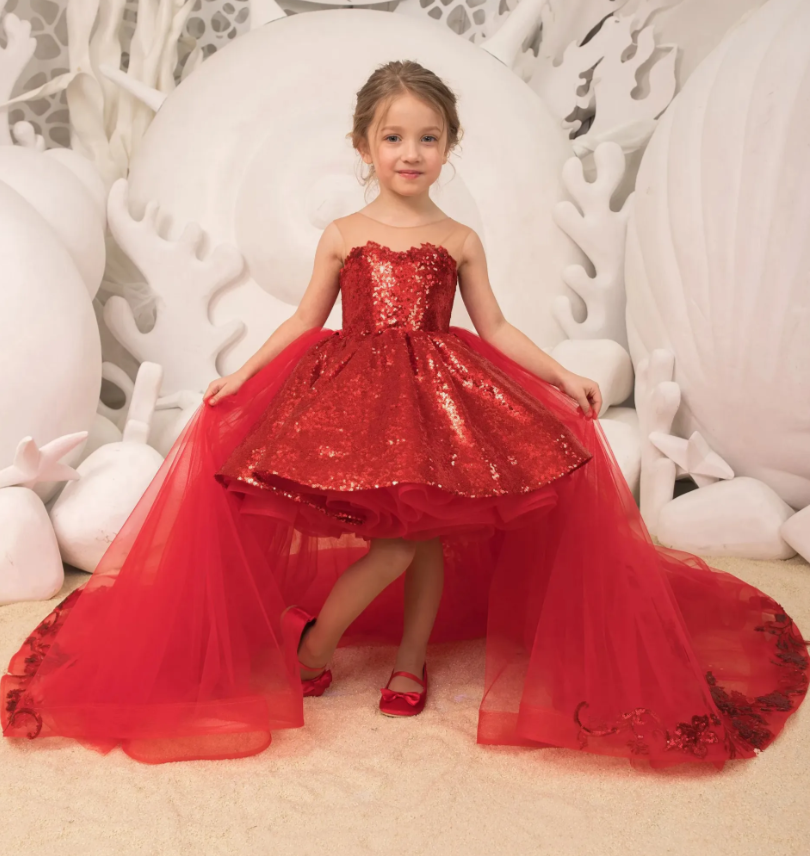 Red Sequin Hi-Low Lace Tulle Detachable Train