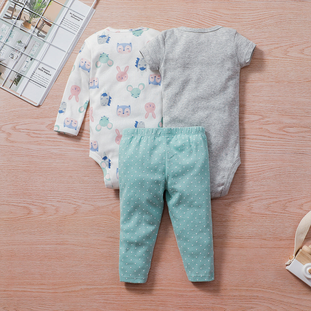 Summer Baby Girl Cotton 3 Piece Bodysuit Set - Grey and Green