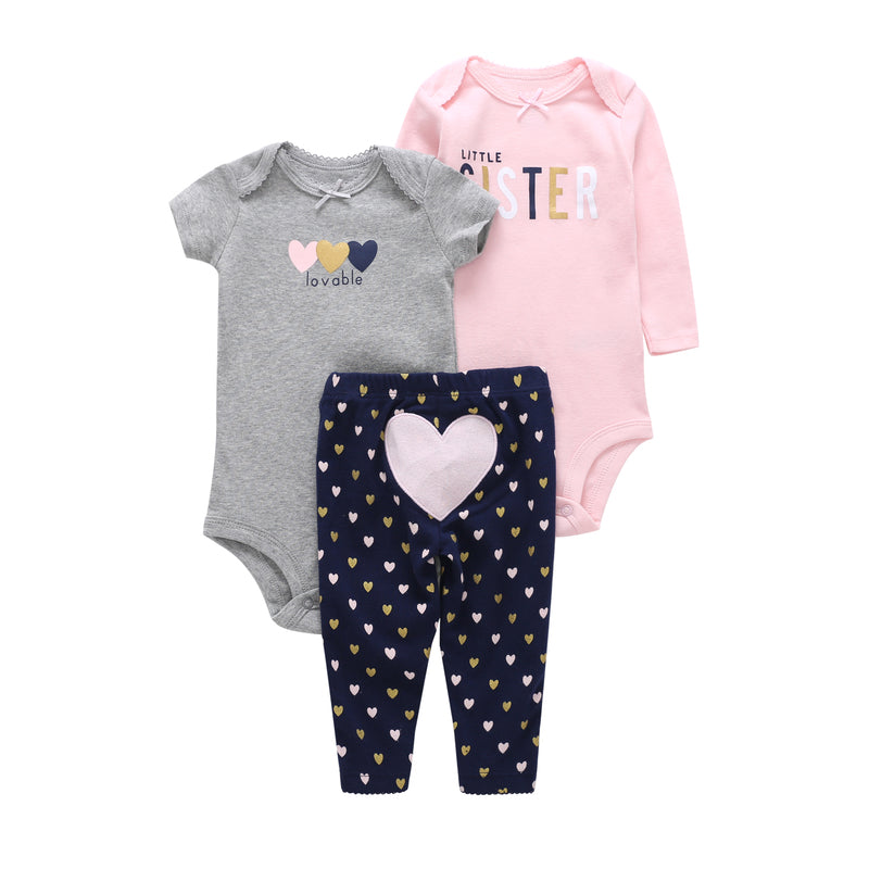 Summer Baby Girl Cotton 3 Piece Bodysuit Set - Grey and pink