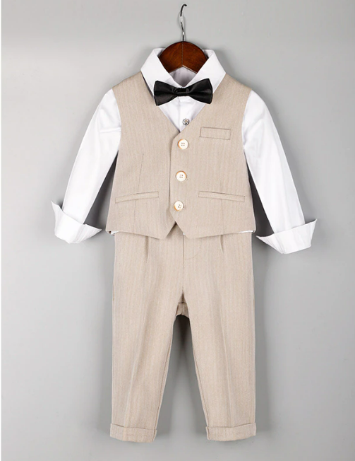 Little Boy Wedding Suit 6Pcs Set - Boys Beige Suit Set