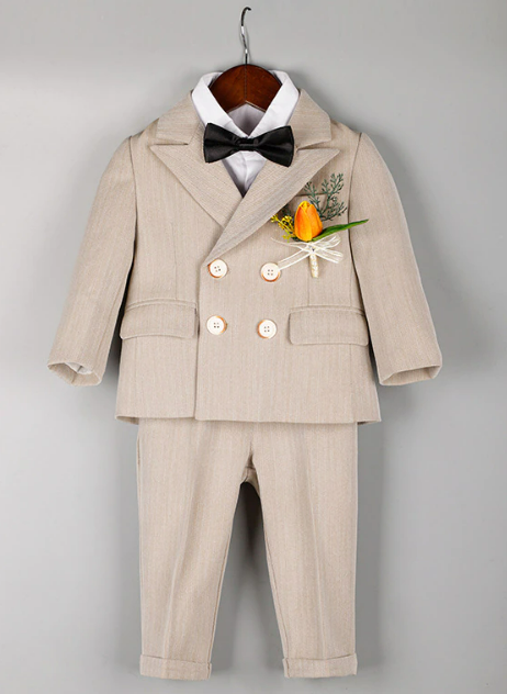 Little Boy Wedding Suit 6Pcs Set - Boys Beige Suit Set