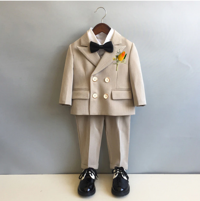 Little Boy Wedding Suit 6Pcs Set - Boys Beige Suit Set