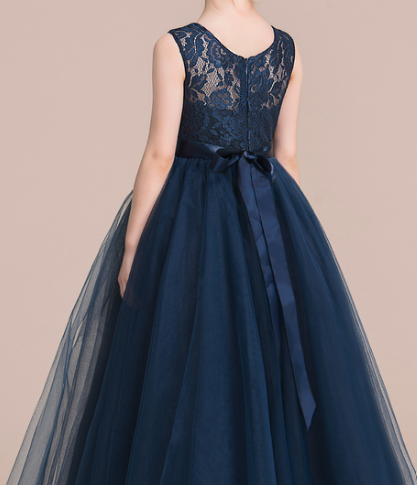 Ball-Gown Floor-Length Flower Girl Dress - Navy