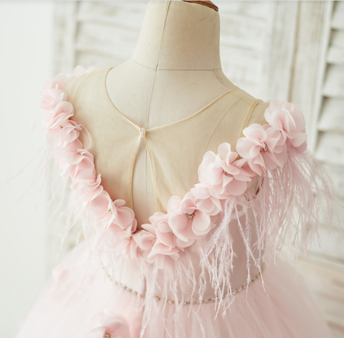 Luxury Handmade Formal Pink Flower Girl Dress With Head Piece