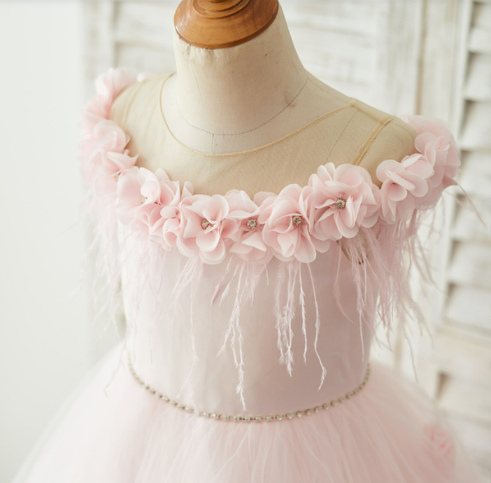 Luxury Handmade Formal Pink Flower Girl Dress With Head Piece