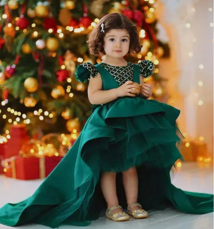 Made To Order - Luxury Handmade Green High Low Trail Dress