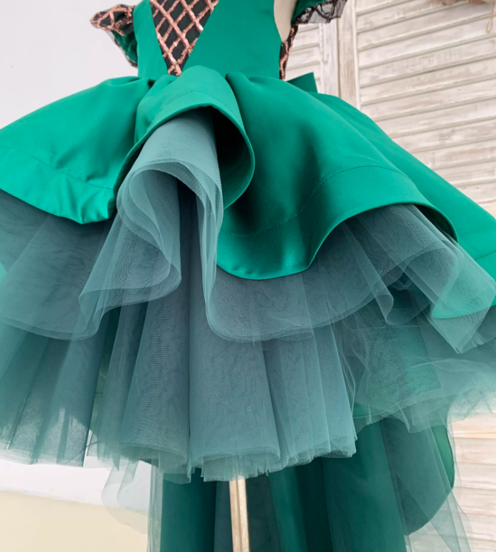 Made To Order - Luxury Handmade Green High Low Trail Dress