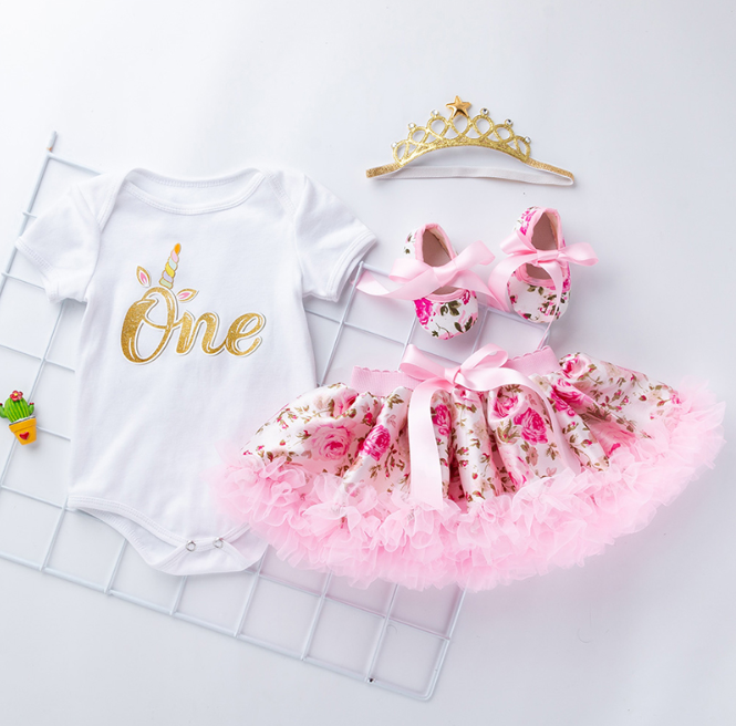 Baby Girl First Birthday Tutu Floral Skirt+Headband+Shoes