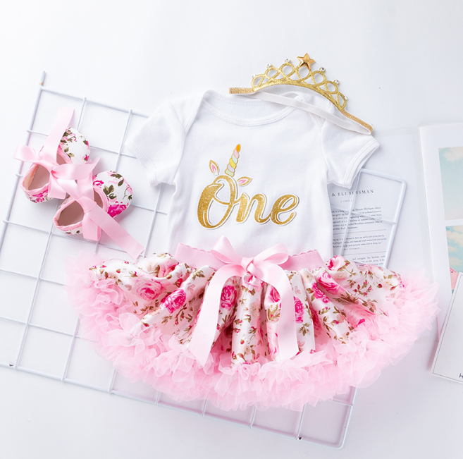 Baby Girl First Birthday Tutu Floral Skirt+Headband+Shoes